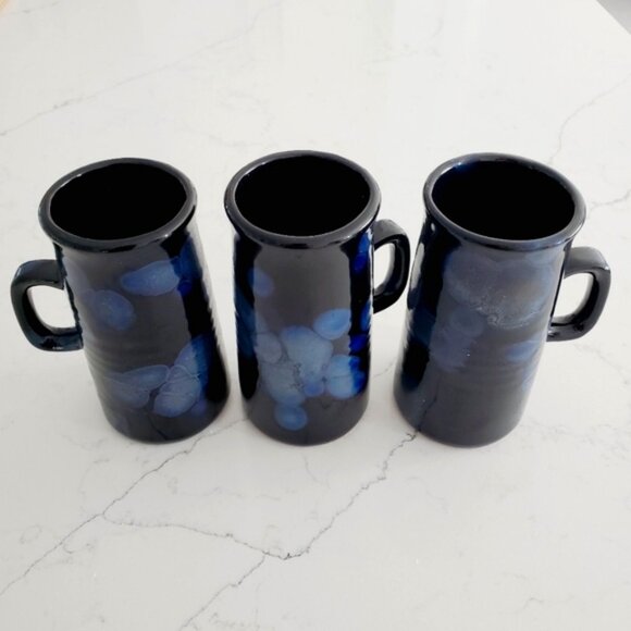 Vintage Handmade Blue Glaze Pottery Set X3 Mugs Farmhouse Boho Stoneware - Picture 1 of 7